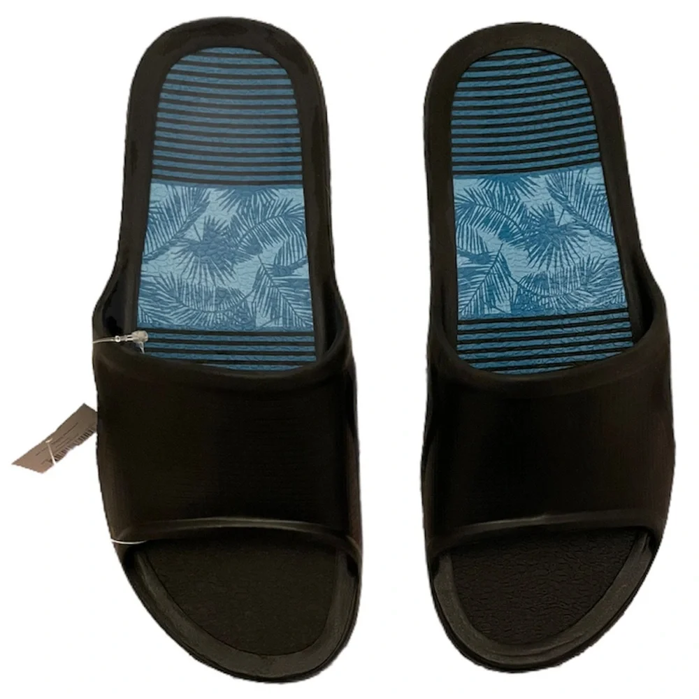 Black Rubber Slip On Sandal Smooth Comfort Cushion Insole Grip Outer Sole Mens 9